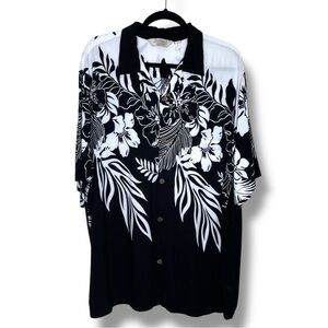 Sunny Island Hawaiian Shirt Black White Rayon Short Sleeve Button Front Men 3XL